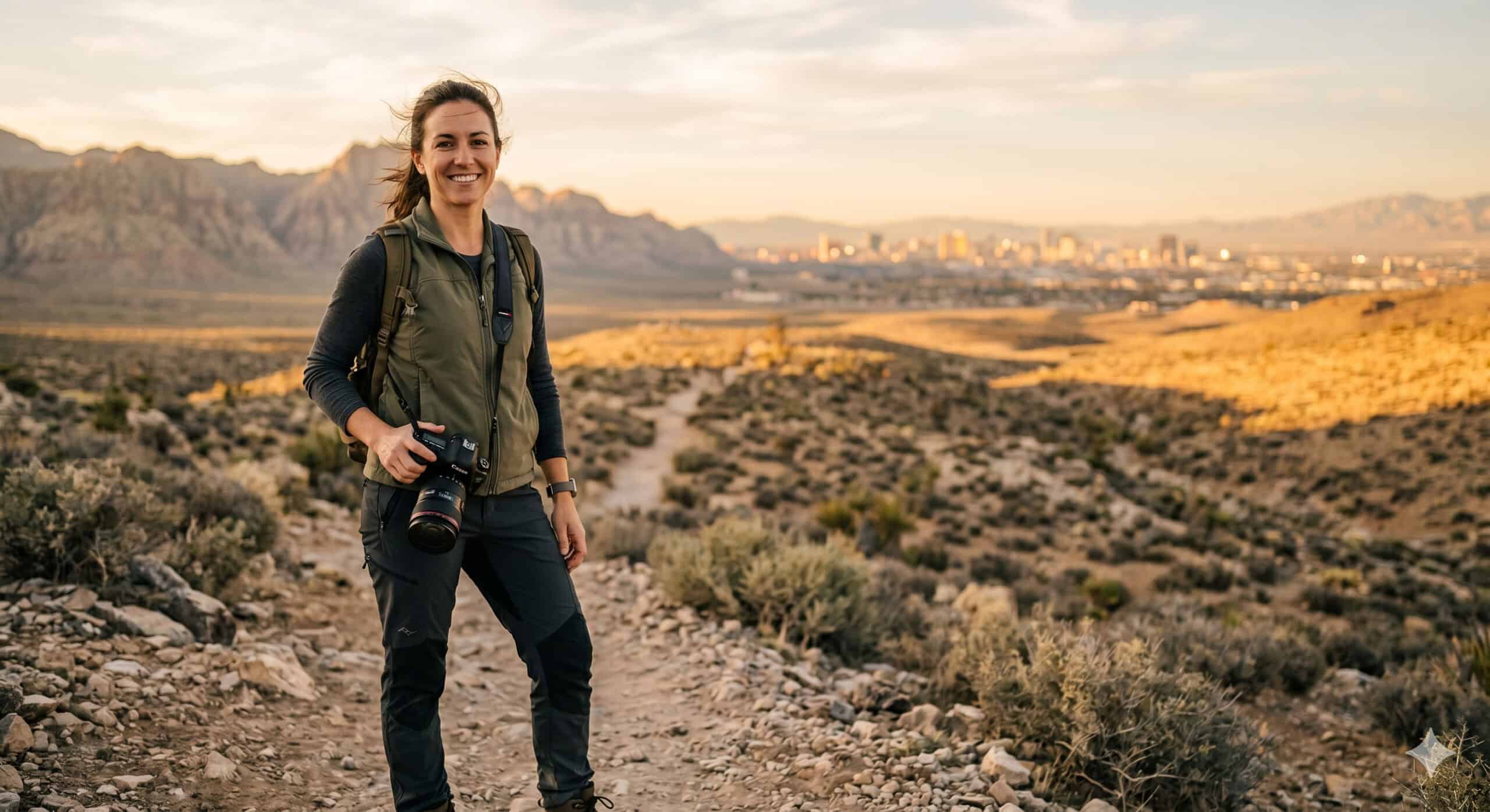 Professional Las Vegas photographer holding camera at golden hour in the desert with city skyline background.