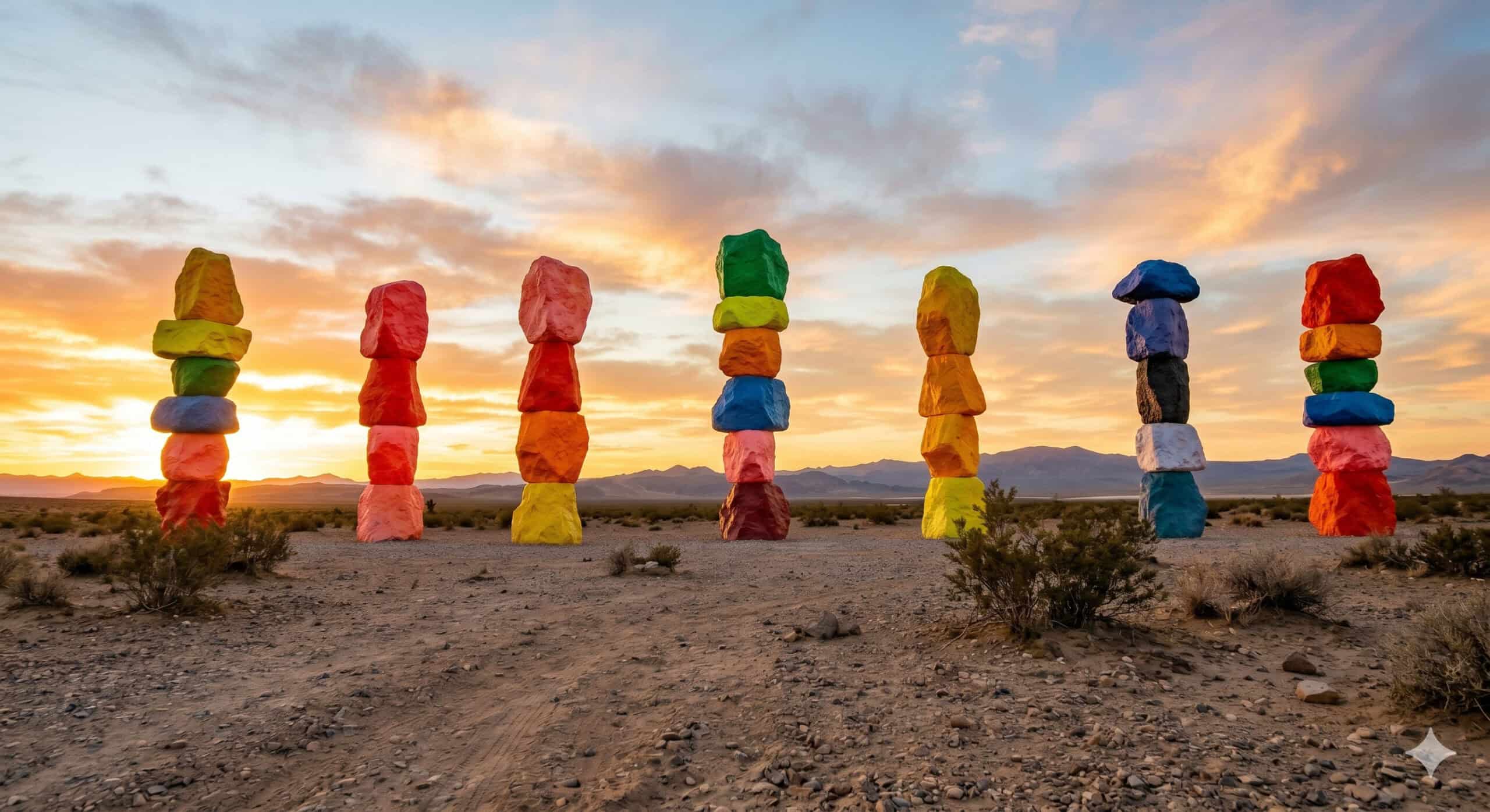 Seven Magic Mountains art installation at golden hour in the Nevada desert near Las Vegas.