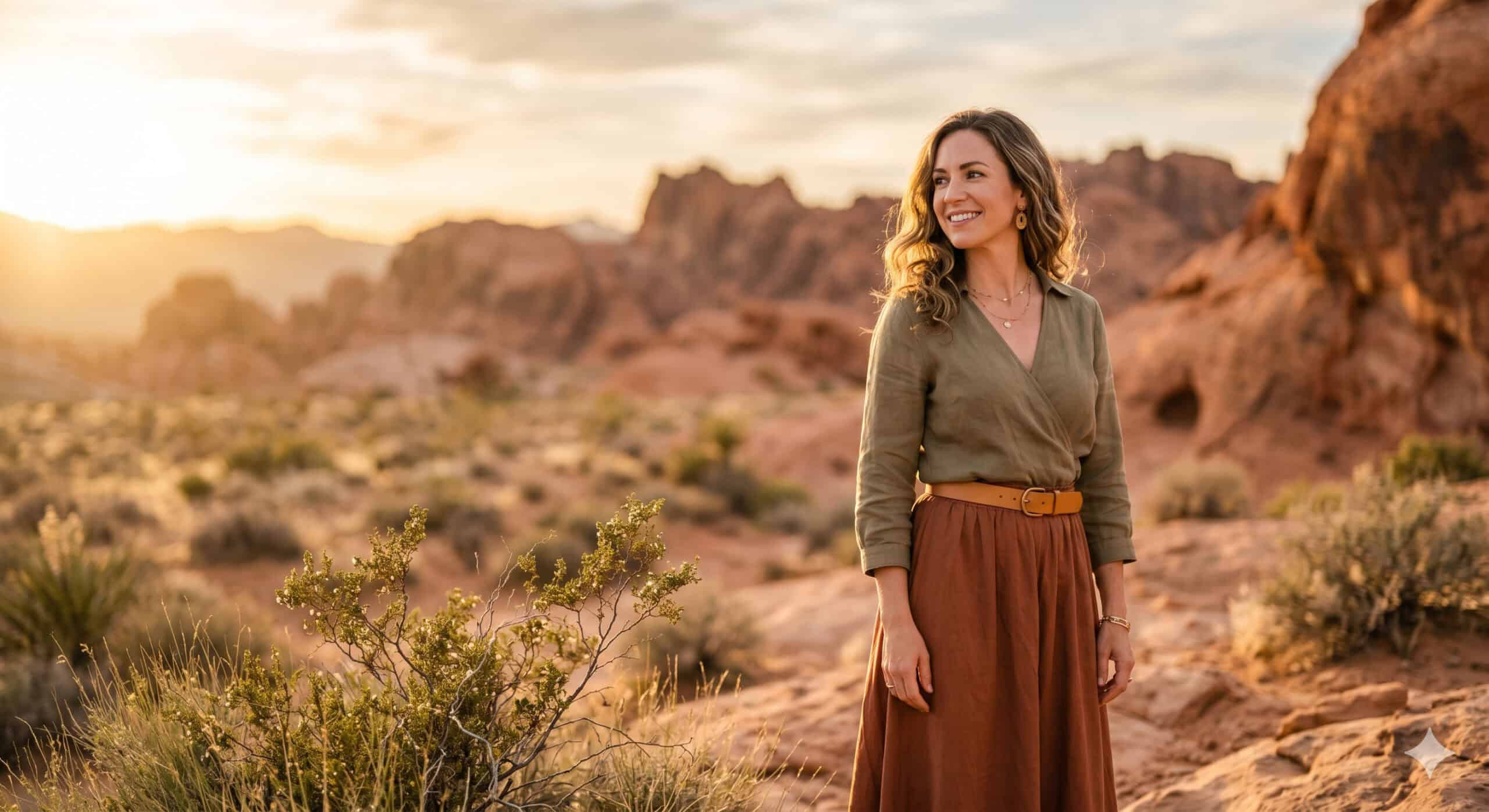 Woman in earth-tone outfit posing confidently at golden hour in Las Vegas desert landscape