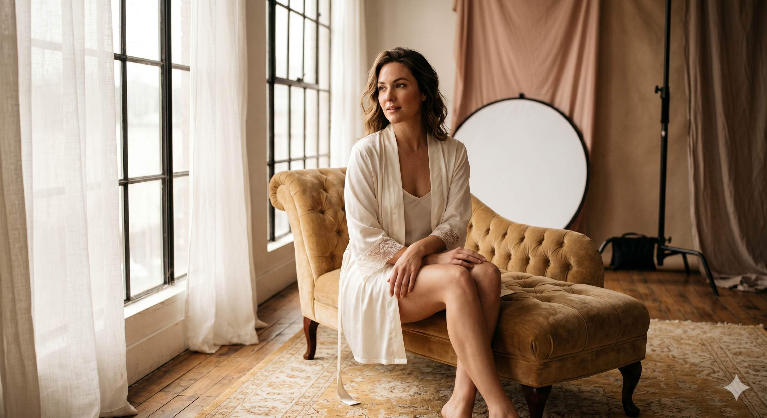 Woman in a satin robe posing during a professional boudoir photoshoot in a warmly lit studio.