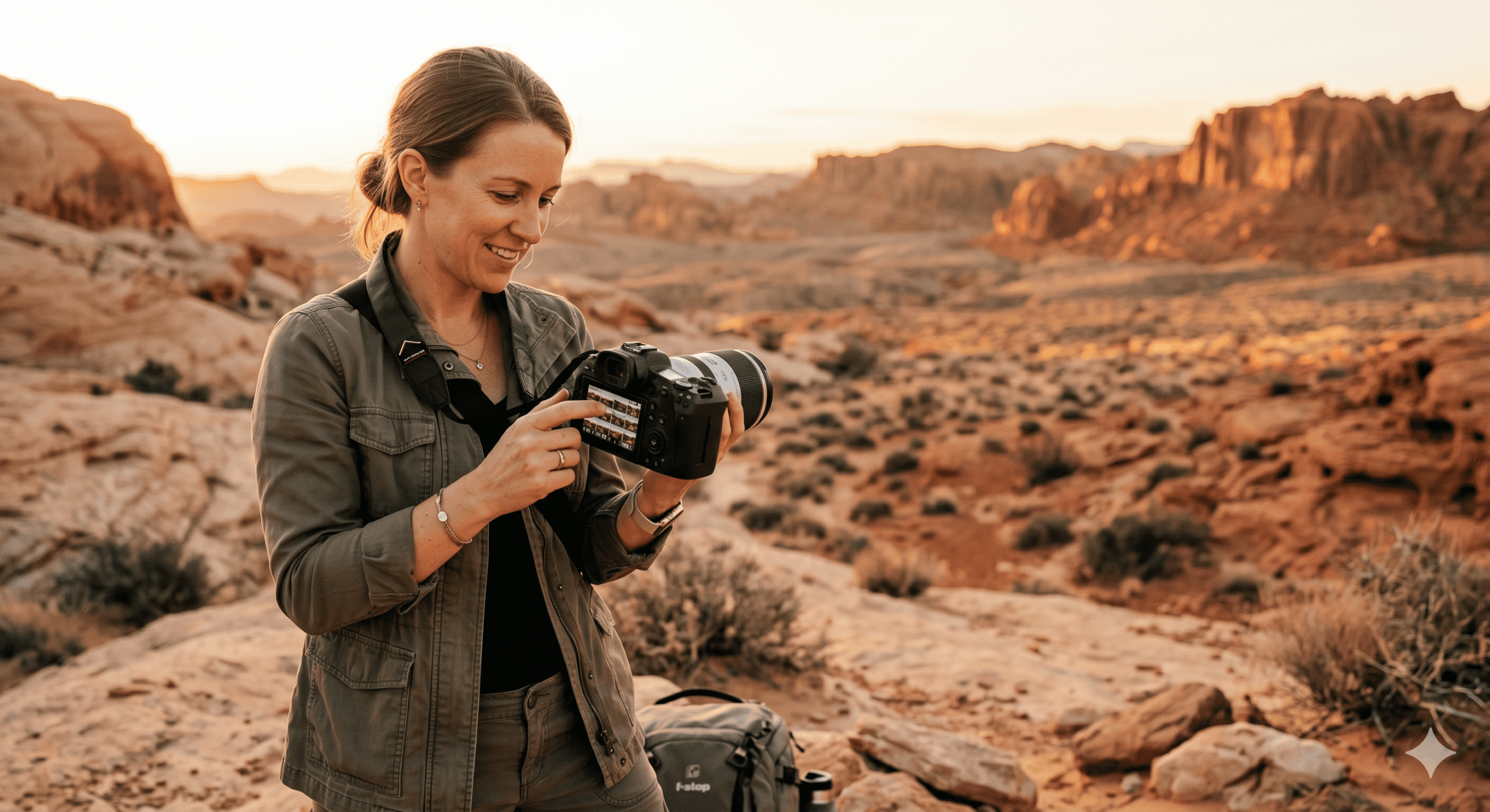 Professional photographer reviewing images during a golden-hour desert session in Las Vegas
