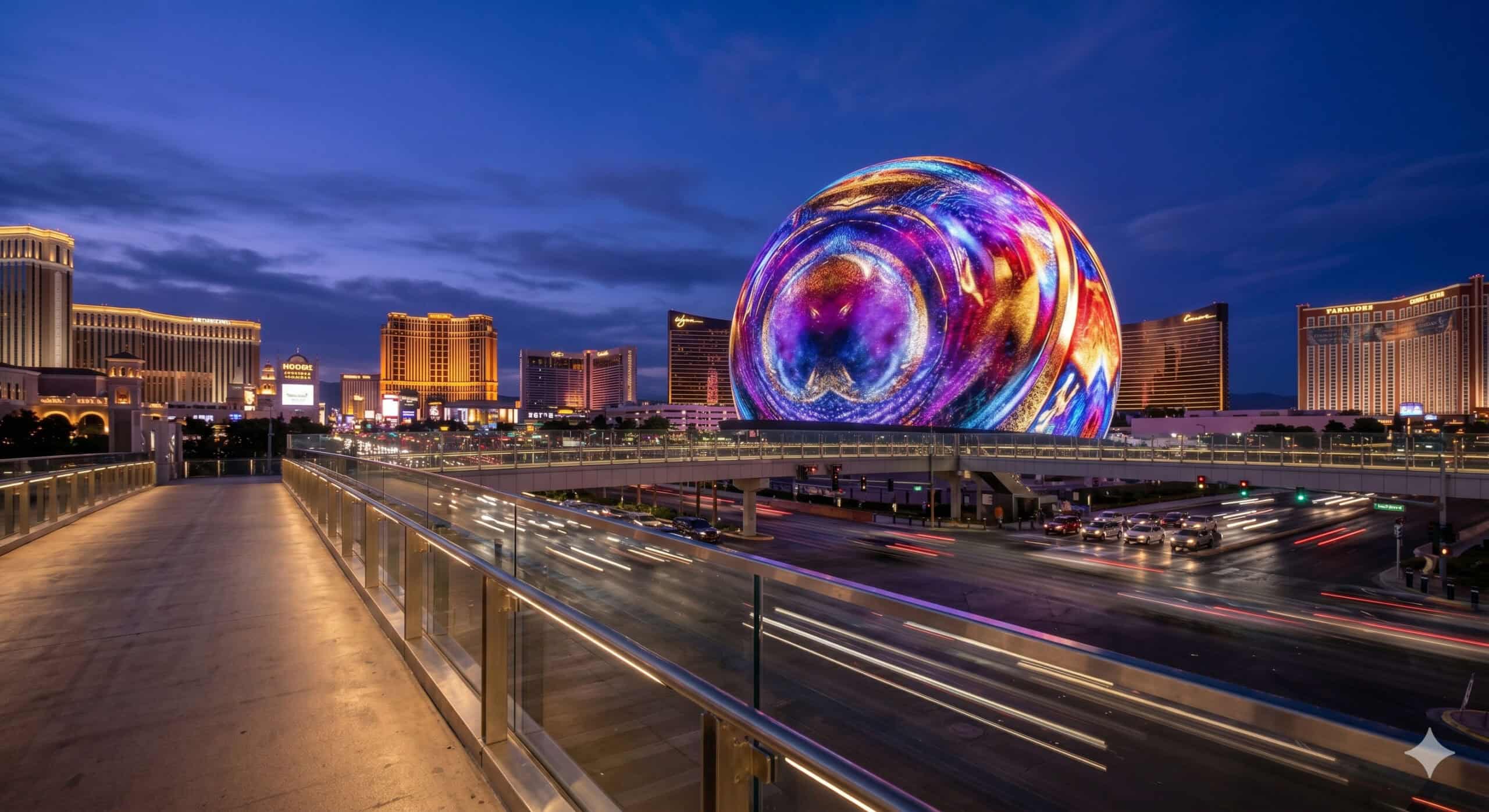 The Las Vegas Sphere glowing with colorful LED display at blue hour photographed from Sands Avenue pedestrian bridge